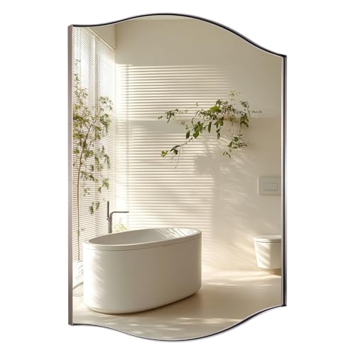 Image of ANDY STAR Brushed Nickel Bathroom Mirror, 24 inchx30 inch Scalloped Wall Mirror in Stainless Steel Metal Frame, Unique Vanity Mirror with Modern Curved Edge Design, Ideal for Bathroom, Bedroom, Entryway