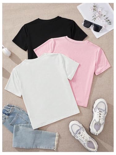 OYOANGLE Girl's 3 Pack T-Shirts Cute Bow Print Crew Neck Short Sleeve Casual Tee Tops2