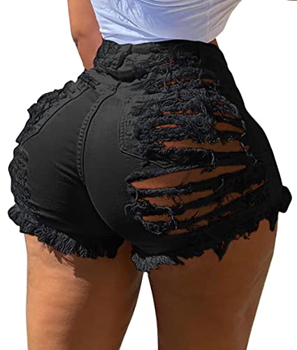 Bothwinner Sexy Summer S 3XL Women Denim Black Ripped Shorts Jeans High Waisted Tassel Elastic 