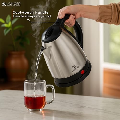 Image of Longer Electric Kettle 1.8L,1500W Fast Boil Stainless Steel with Auto Shut-Off, Dry Boil Protection, Wide Mouth, Cool-Touch Handle & Lid Lock, Hot Water for Tea, Coffee, Noodles - Home & Office