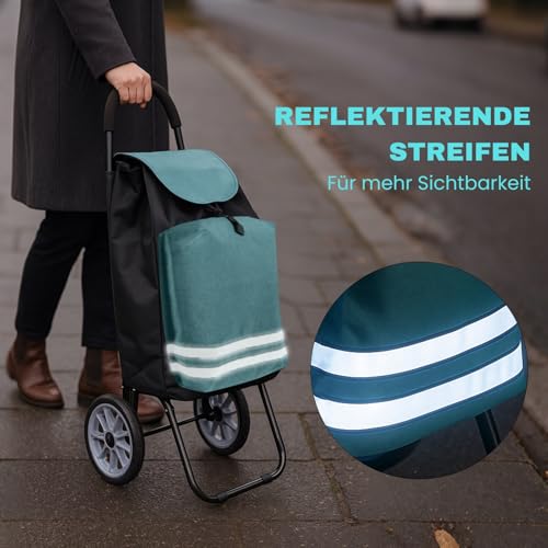 Allyson® Einkaufstrolley klappbar mit Reflektoren & Kühltasche, Einkaufswagen 45L Kapazität, Wetterfester Shopping Trolley, Treppensteiger Trolley mit Geräuschlosen Rädern & Abnehmbarer Tasche - Grün – Bild 5