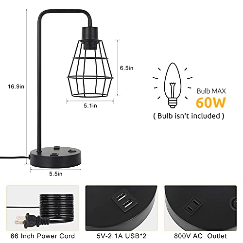 Haitral Industrial Table Lamps Set Of 2 - Modern Black Bedside Lamp With Dual Usb Charging Ports And Ac Outlet, Vintage Farmhouse Lamp With Metal Cage Shade For Bedroom, Office, Living Room #TOP1