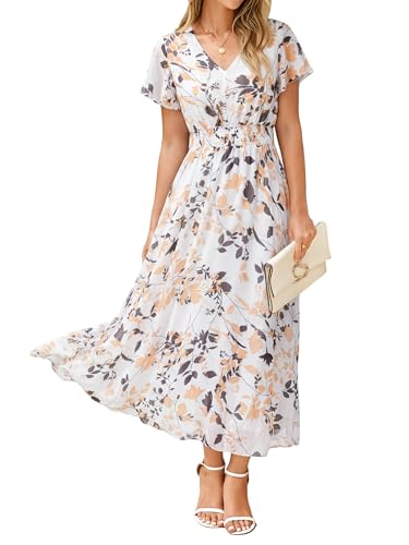 Image of Simplee Womens Floral Maxi Dress - Short Sleeve Summer Boho Wedding Guest Dress Empire Waist Chiffon Modest Midi Dresses