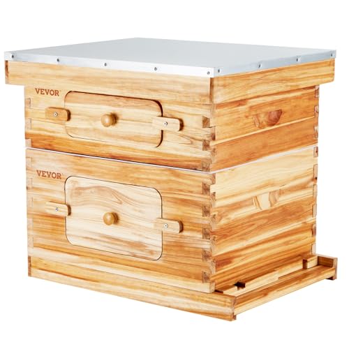 VEVOR Bienenstock, 20 Rahmen, Bienenbeute Zander, mit Bienenwachs beschichtetes Tannenholz, 1 tiefer + 1 mittlerer Bienenkasten, Langstroth-Bienenstock-Set, transparente Acrylfenster mit Fundamenten