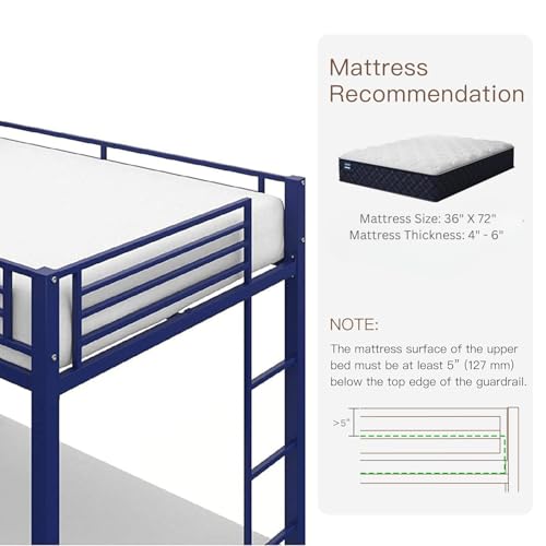 Image of Metal Bunk Bed for Adults and Kids, Sturdy Steel Frame with Guard Rails (3 X 6 Ft) | Blue Finish | Space Saving Design | DIY Assembly for Home and Bedroom