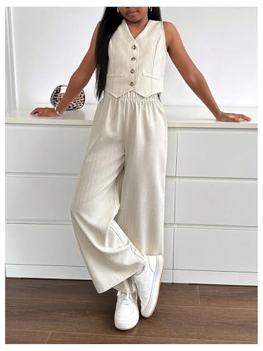 Image of Floerns Girl's 2 Piece Outfit Sleeveless V Neck Blazer Vest and Wide Leg Pants Set