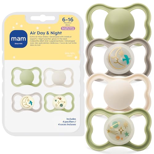 Image of MAM Air Pacifier for Babies 6-16 Months, Extra Air Flow for Sensitive Skin, Glows in The Dark, Developed with Medical Experts, BPA-Free Skin Soft Silicone, 4 Count, Made in Europe