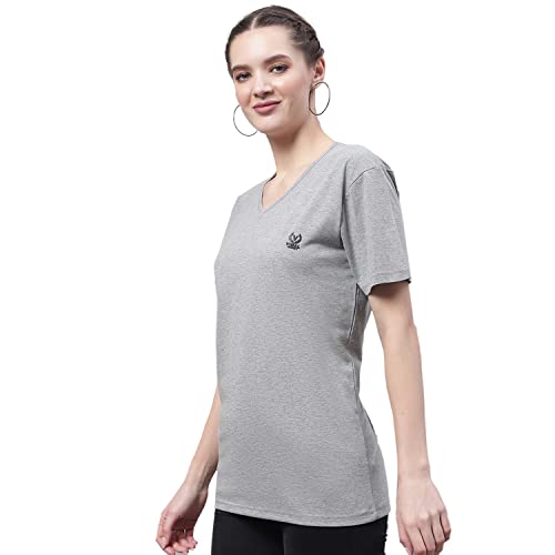 Image of Mack Jonney Women V Neck Cotton Solid Regular Fit T-Shirt-V Anthraa 001-P