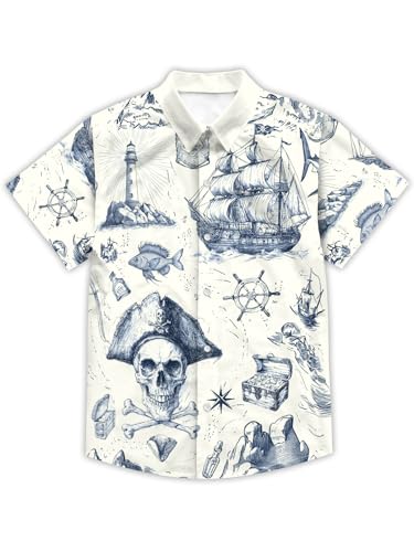 DFZ Boys Pirate Hawaiian Shirt Nautical Button Down Retro Cruise Casual Vacation Pirate Night Outfits for Kids Blue