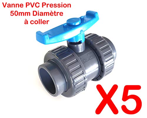 Pack of 5 Interplast Valves to be glued 50 mm 1 1/2 Inch Double Union Removable PVC Pressure PN16 Ball Valve 50 mm