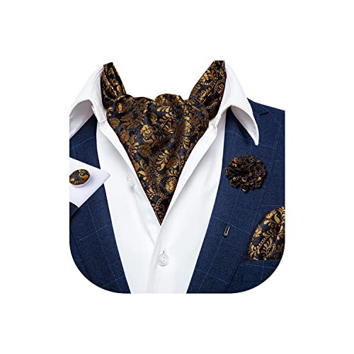 Image of DiBanGu Mens Silk Ascot Ties Paisley Jacquard Woven Cravat and Pocket Square Cufflinks with Lapel Pin for Business Wedding