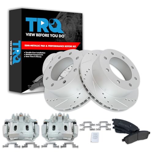 Image of TRQ Rear Performance Brake Pad, Caliper, & Rotor Kit Semi-Metallic Premium G-Coated Compatible with 2000-2005 Ford Excursion 2000-2004 F-250 Super Duty F-350 Super Duty