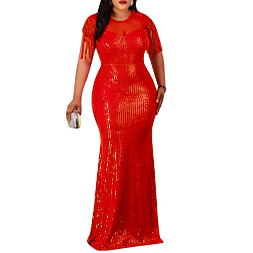 Image of Cololura Sexy Sequin Tassel Mesh Perspective Party Cocktail Bodycon Evening Club Maxi Dress