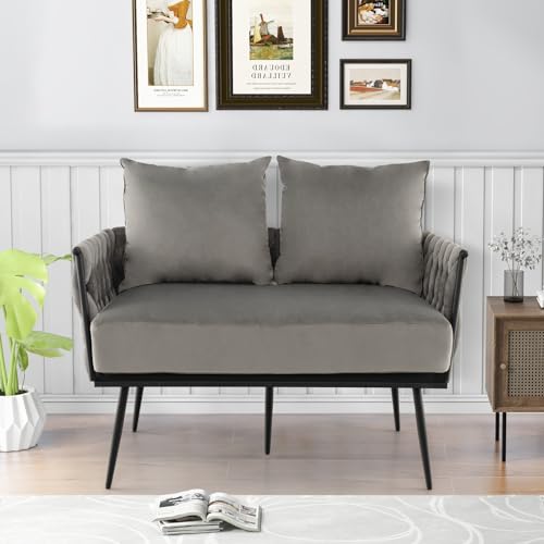 GOPLUS Sofá Loveseat de 110 Cm, Moderno Tapizado de 2 Asientos Con 2 Almohadas, Respaldo Y Apoyabrazos Tejidos, de Terciopelo Holandés de Mediados de Siglo, Gris