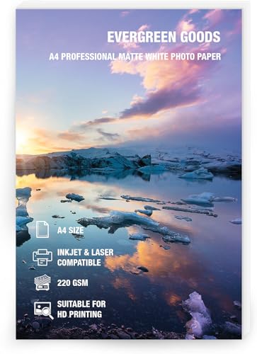 Evergreen Goods   Papel fotográfico de doble cara A4 blanco mate, 220 g/m², impresión por inyección de tinta y láser, papel de alta resolución para impresión fotográfica, álbumes de recortes, tarjetas