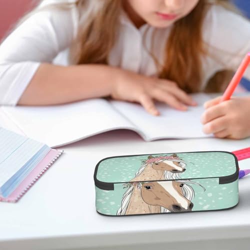 Image of Horse Flowers Pencil Case Rose Floral Peony Cartoon Animal Green Pencil Bag Pen Markers Pouch Holder Organizer for Boy Girl School Students