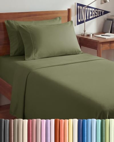 Image of Twin XL 4 Piece Sheet Set - College Dorm Room Essentials - Sage Green | Ultra Soft Dorm Bedding Set, 8 inch to 16 inch Inch Deep Pockets, 1 Flat & 1 Fitted Sheet & 2 Pillowcases, Wrinkle & Fade Free