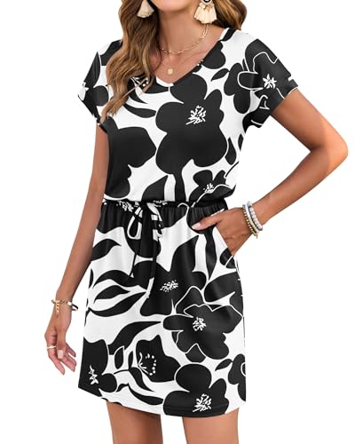 Image of AUSELILY Womens Summer Mini Dress, Short Sleeve V Neck Drawstring Casual | Soft smooth drape with an adjustable drawstring waist for beach, casual outings and daily wear