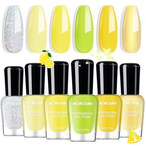 Morovan Yellow Nail Polish Set: 6 Colors Summer Butter Light Bright Pastel Cream Yellow Fingernail Polish 7day+ Long Lasting 1-2min Air Quick Dry Manicure Home DIY Gifts for Women Sweet Girls Outfit