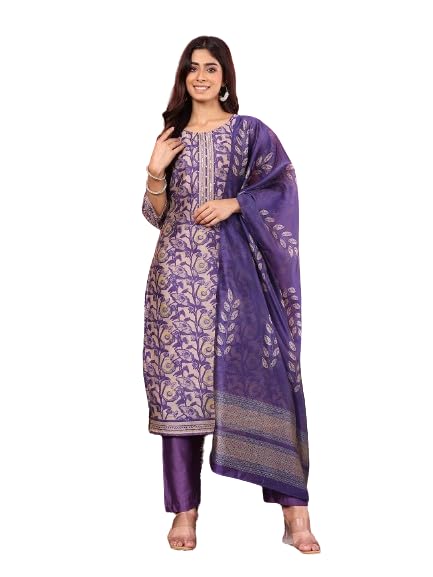Image of Varanga Women Floral Printed Kurta Pant Set with Dupatta | Silk Blend Fabric | Summer Wear | 3 /4 Sleeve Round Neck | Lightweight & Comfortable Daily Wear