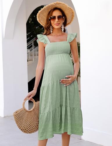 Image of KOJOOIN Womens Maternity Dress Summer Sleeveless Smocked Square Neck Ruffle Casual Boho Midi Dress Baby Shower Photoshoot
