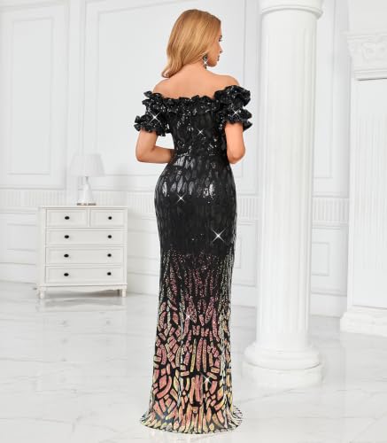 Image of dasmzper Women Sexy Sequin Off Shoulder Ruffle Short Sleeve Bodycon Mermaid Party Formal Evening Maxi Dress