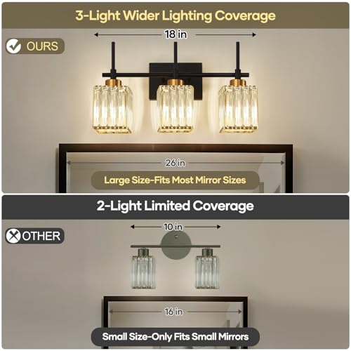 Image of Torondo Modern Crystal 3-Light Vanity Lights for Bathroom Gold Bathroom Lights Over Mirror Black and Gold Vanity Lighting Fixtures Square Shade Brass Wall Sconce (Bulbs Not Include)