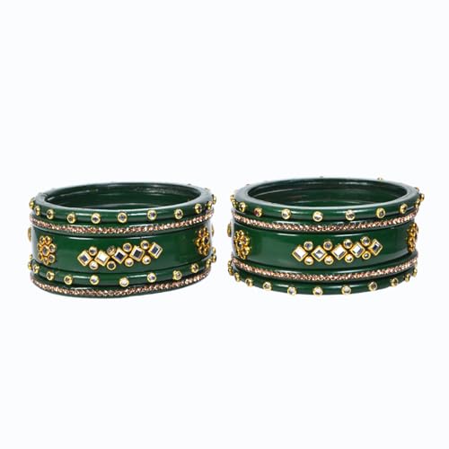 Image of Traditional Rajasthani Beautiful Lac Lakh Bangle Set For Women and Girls | Kundan Bangle Set For Bridel | Jaipuri Chudi Set | Green Sky Blue Maroon Pink Yellow | Kada Set of 10
