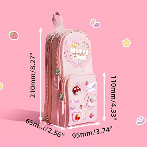 Image of Canvas Kawaii Pencil Case 3 Compartment Cute Aesthetic Pencil Case for Girls Large Capacity Pen Pencil Pouch Multifunctional Stationery Organizer for School Office (Happy Time Pink)