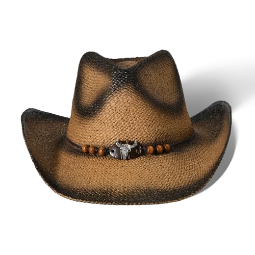 Image of Cowboy Hats for Women & Men Straw Cowboy Hat Wide Brim Western Cowgirl Hats Summer Sun Hat