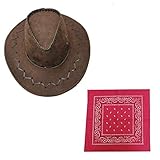 FashioN HuB Conjunto de accesorios para disfraz salvaje occidental para hombre, sombrero de vaquero y bandana de Paisley (sombrero marrón+bandana rosa fuerte, 2 piezas de un tamaño)