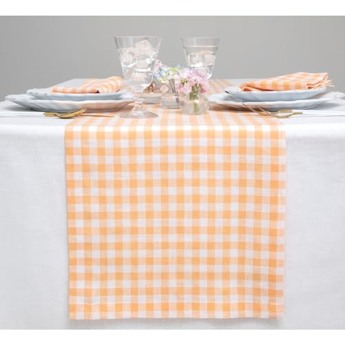 Solino Home 100% Pure Linen Table Runner Orange, Gingham Check 14 x 108 in by Solino Home - Used condition - US$20.36