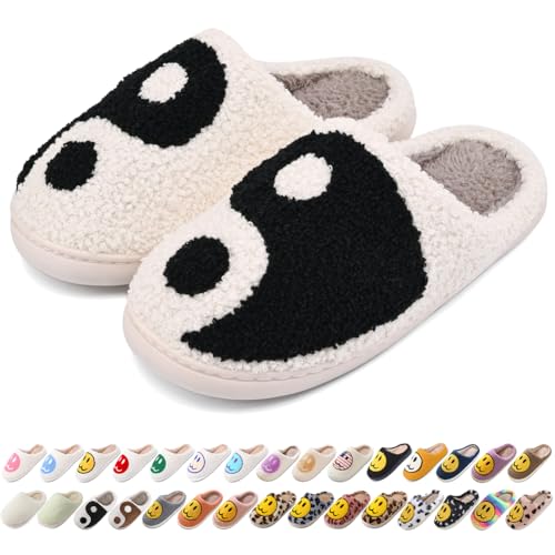 Image of Women's Men's Preppy Happy Face Slippers Comfy Warm Plush Slip-On House Slipper for Winter Indoor Soft Cushion Non-slip Fluffy Slides Slippers