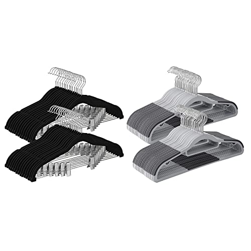 SONGMICS 50-Pack Hangers and 30 Pants Hangers Bundle, Non-Slip Hangers for Closet Organization, Adjustable Clips, for Shirts, Skirts, Pants, 360° Swivel Hook, Gray and Black UCRP20G50 and UC