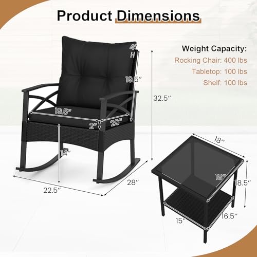 Image of Tangkula 3 Pieces Wicker Outdoor Rocking Chairs Set | Heavy Duty | Cushioned | Rattan Rocker Bistro Set w / 2-Tier Tempered Glass Coffee Table for Garden, Balcony, Backyard