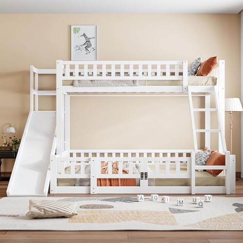 FAYICIC Litera, 90 x 200 cm y 140 x 200 cm, barandilla, madera de pino, tobogán, escalones, En747, varios estantes, puerta pequeña extensible, sin colchón, color blanco
