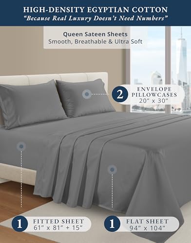 Image of LANE LINEN 100% Egyptian Cotton Bed Sheets Queen Set Sateen - Charcoal Gray