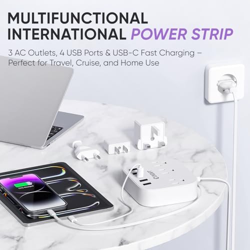 Image of European Plug Adapter, Unidapt US to UK Europe Power Strip for EU /UK /US with USB C and 4 USB Ports, 3 AC Outlets, Wall Mountable, 5ft Extension Cord, for Travel Cruise Ship Home