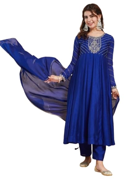 Women's Blue Anarkali Kurta Set with Dupatta, Embroidered-picture-54