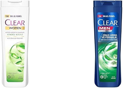 Clear Women Kepeğe Karşı Etkili Şampuan Bitkisel Sentez Aloe Vera & Çay Ağacı Yağı 350 ml(1) Clear Men Günlük Arınma ve Ferahlık Sedir Ağacı ve Okaliptus Özleri Kepeğe Karşı Etkili Şampuan 350 ml(1)