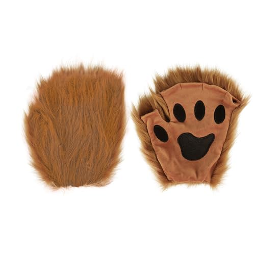 Furry Cat Paw Gloves Mittens Plush Fingerless Dog Bear Wolf Paws Gloves Men Women Faux Fur Werewolf Costume Accessories Halloween Cosplay Party Fuzzy Half Finger Winter Warm Mitts (Brown One Size)