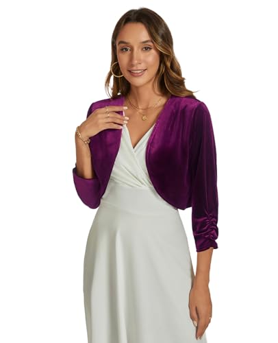 Image of Womens Velvet Bolero Shrug Elegant Open Front Ruched 3 /4 Sleeve Cocktail Party Cropped Cardigan