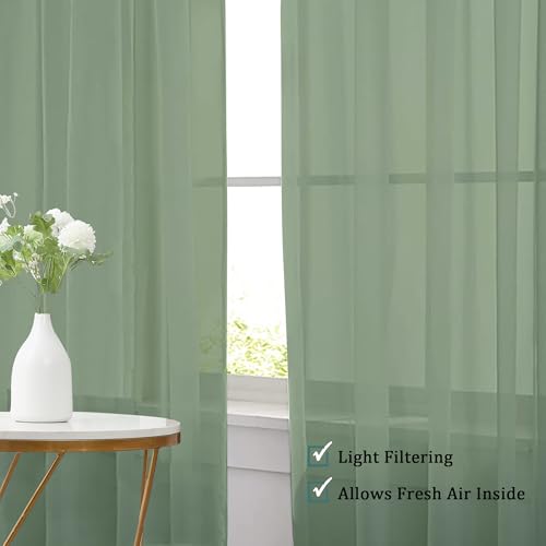 Image of Chyhomenyc Sage Green Sheer Valances for Windows - Light Filtering Small Kitchen Curtains, Rod Pocket Short Top Window Treatment Decor for Living Room Bathroom Basement, 42Wx16L inches, 2 Panels