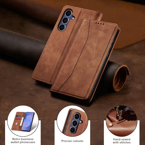 Image of Jasonyu Flip Wallet Case for Samsung Galaxy S25 FE 5G,Leather Magnetic Folio Cover with Card Holder,Kickstand - TPU Shockproof Durable Protective Phone Case,Brown