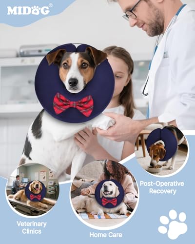 Image of MIDOG Inflatable Dog Cone, Soft Donut Recovery Collar, Bow Tie, Large | Neck 15-20in, inflatable PVC bladder, nylon cover machine-washable, post-surgery anti-lick, thread collar loops