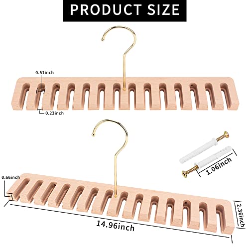 Belt Hanger For Closet, 2 In 1 Wooden Wall Mount Belt Holder For 28 Belts, Tie And Belt Rack Space Saving With 360° Swivel Hook/Anchors With Screws, Belt Organizer For Closet, Door, Wall, 2 Pack #TOP1