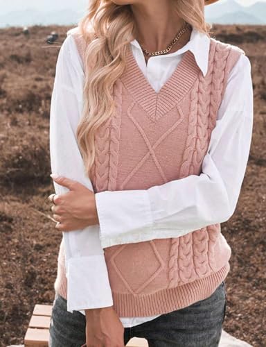 Image of Women's Sweater Vest,Long Cable Loose Knitted Sleeveless V Neck Casual Sweaters Tank Top S~XL
