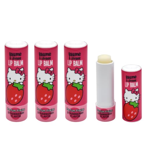 TAKE CARE | Baumes à lèvres Hello Kitty | Protège naturellement les lèvres fragilisées | Saveur fraise | Sans allergène, sans colorant & sans huile minérale | Huile de ricin | Vegan | Lot de 4x 4,5g