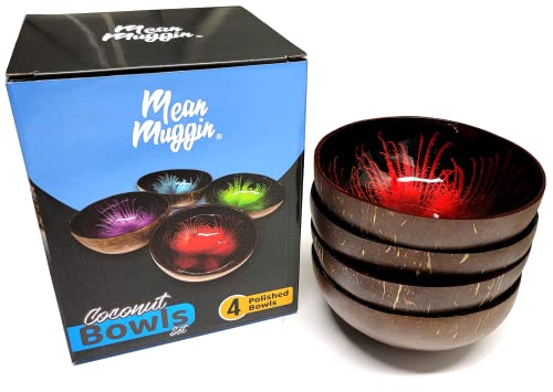 Mean Muggin Uniquely Colored Natural Coconut Bowls - Set Of 4 Eco Friendly Polished Bowls For Salads, Nuts, Fruits, Smoothies, Acai - Ideal Reusable And Washable Decorative Bowl For Keys, Gift Set #TOP3