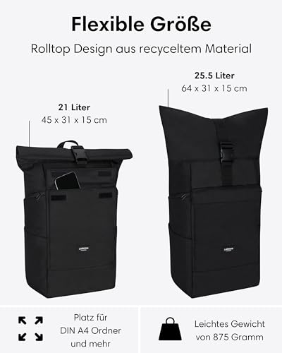 LARKSON Rucksack Damen & Herren Schwarz - No 4 Large - Rolltop Backpack 21 L mit 16 Zoll Laptopfach Uni, Arbeit & Fahrrad - Großer Reiserucksack mit Trolley Strap